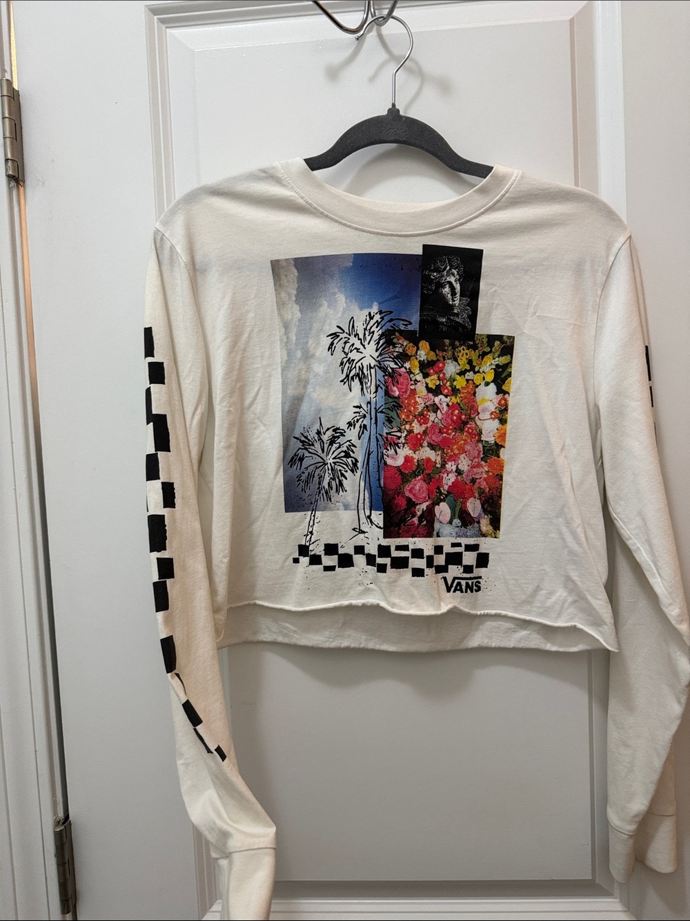 Vans White Long-Sleeve Crop Tee with Floral & Checker Graphic